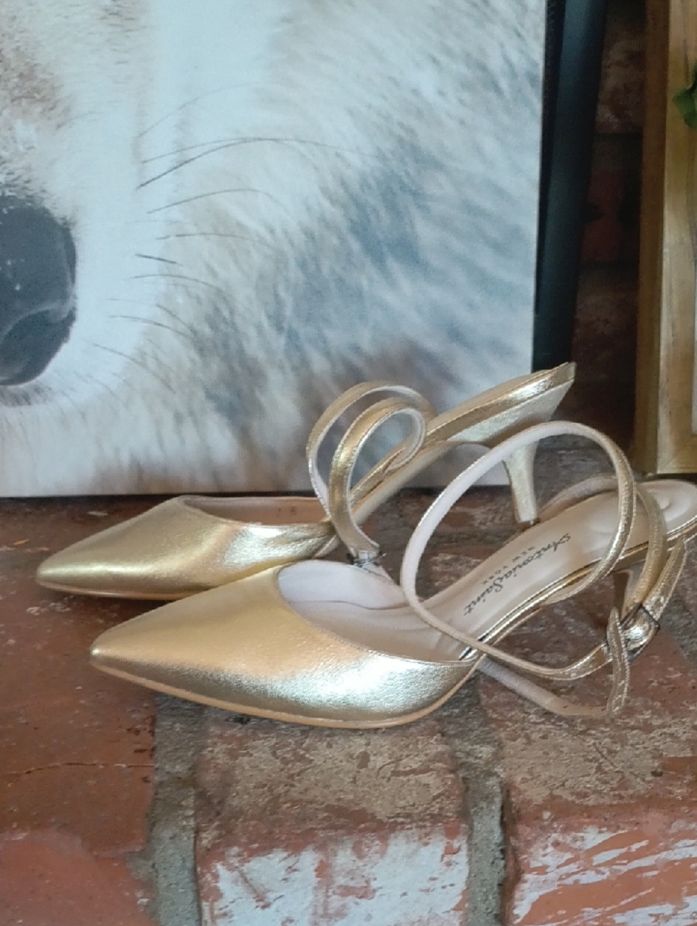 Metallic Gold Pointed-Toe Slingback Heels - Picture 2 of 12